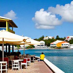 Caribbean Holidays, Solo Holidays, Colourful waterfront caf&eacute;s and restaurants in Marigot, Saint Martin, with solo traveller exploring the harbour