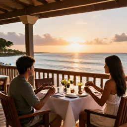 Caribbean Holidays, Solo Holidays, Comfortable solo traveller enjoying a sunset dinner at a friendly Caribbean resort terrace overlooking the ocean