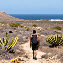 Caribbean Holidays, Solo Holidays Cura&ccedil;ao, A solo traveller hiking through Cura&ccedil;ao's dry coastal landscape with cacti, rocky hills and a wide blue sea in the distance