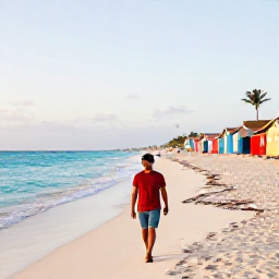 Caribbean Holidays, Solo Holidays Cura&ccedil;ao, A solo traveller walking along a bright Caribbean beach in Cura&ccedil;ao during February, with turquoise sea, soft morning light and colourful beach huts