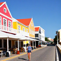 Caribbean Holidays, Solo Holidays Cura&ccedil;ao, Colourful colonial buildings and waterfront caf&eacute;s in Willemstad, Cura&ccedil;ao, under clear blue skies, with a solo visitor exploring the street