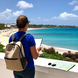 Caribbean Holidays, Solo Holidays Cura&ccedil;ao, Practical solo holiday scene in Cura&ccedil;ao showing a visitor with a small backpack, rental car keys and a map near a scenic coastal viewpoint