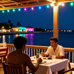 Caribbean Holidays, Solo Holidays Cura&ccedil;ao, Solo traveller enjoying a relaxed outdoor dinner at a waterside restaurant in Cura&ccedil;ao, with colourful lights and a peaceful evening atmosphere