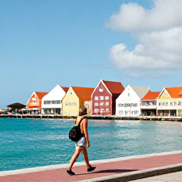 Caribbean Holidays, Solo Holidays Cura&ccedil;ao, Solo traveller walking along a bright Cura&ccedil;ao waterfront with colourful Dutch colonial buildings, clear blue sea and warm May sunshine