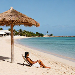 Caribbean Holidays, Solo Holidays Cura&ccedil;ao, Traveller relaxing alone on a sandy Cura&ccedil;ao beach beside calm turquoise water, with a shaded palm and a small beach caf&eacute; nearby
