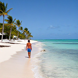Caribbean Holidays, Solo Holidays Dominican Republic, Solo traveller enjoying a peaceful beach and clear shallow water at Bayahibe or Punta Cana, Dominican Republic, with palm trees and bright sunshine