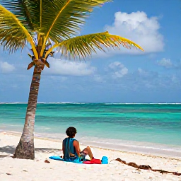 Caribbean Holidays, Solo Holidays Dominican Republic, Solo traveller relaxing on a bright Caribbean beach in the Dominican Republic in May, turquoise sea, palm trees and a calm welcoming atmosphere