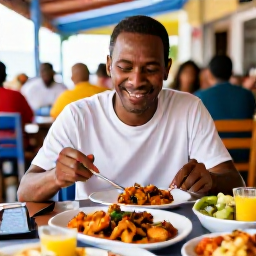 Caribbean Holidays, Solo Holidays February, Friendly solo traveller eating Dominican food at an outdoor restaurant in the Dominican Republic, colourful local dishes and welcoming atmosphere