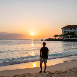 Caribbean Holidays, Solo Holidays February, Solo holidaymaker watching sunset from a safe beachfront hotel in the Dominican Republic, warm evening light and calm Caribbean sea