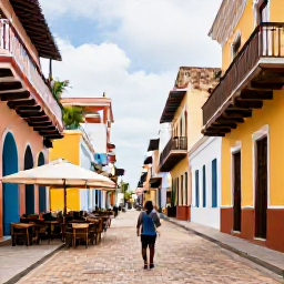 Caribbean Holidays, Solo Holidays February, Solo visitor walking through the colourful colonial streets of Santo Domingo, Dominican Republic, with historic buildings and lively caf&eacute;s