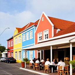 Caribbean Holidays, Solo Holidays, Friendly outdoor caf&eacute; beside a colourful street in Willemstad, Cura&ccedil;ao, with solo travellers enjoying dinner