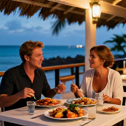 Caribbean Holidays, Solo Holidays, Friendly outdoor restaurant in Grace Bay, solo traveller enjoying fresh Caribbean seafood at a table in the evening