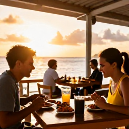 Caribbean Holidays, Solo Holidays, Friendly solo diner eating Caribbean seafood at an open-air restaurant in Grand Case at sunset