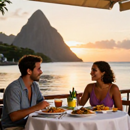 Caribbean Holidays, Solo Holidays, Friendly solo traveller dining at a relaxed seaside restaurant in Saint Lucia at sunset, with local Caribbean food on the table