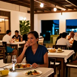Caribbean Holidays, Solo Holidays, Friendly solo traveller dining at an outdoor Dominican restaurant in the evening, local food, gentle lighting and welcoming atmosphere