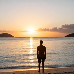 Caribbean Holidays, Solo Holidays, Friendly solo traveller enjoying a beachside sunset in the U.S. Virgin Islands, warm Caribbean light and calm sea