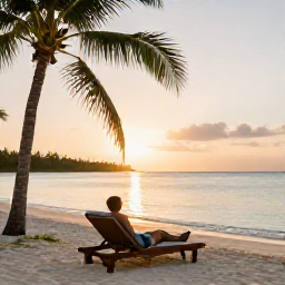 Caribbean Holidays, Solo Holidays, Grace Bay Beach at sunset with a lone traveller relaxing on a sun lounger, calm turquoise water and palm trees