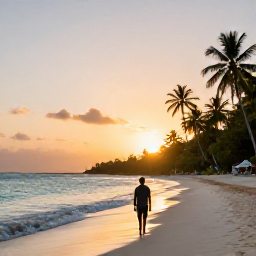 Caribbean Holidays, Solo Holidays Grenada, A solo traveller walking along Grand Anse Beach in Grenada at sunset, calm turquoise sea and palm trees