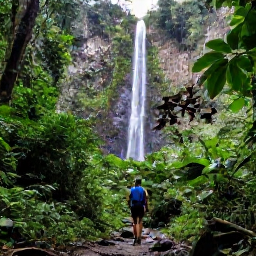 Caribbean Holidays, Solo Holidays Grenada, Solo hiker on a rainforest trail near Concord Falls in Grenada, lush tropical vegetation and a clear waterfall