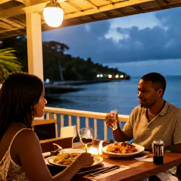 Caribbean Holidays, Solo Holidays Grenada, Solo traveller enjoying dinner at a friendly waterfront restaurant in Grenada, local Caribbean food and warm evening light