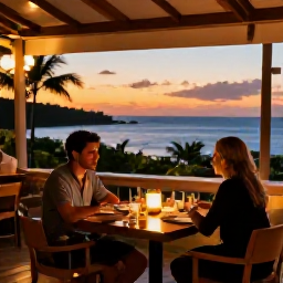 Caribbean Holidays, Solo Holidays July, Comfortable solo traveller dining at a relaxed Caribbean restaurant at sunset, tropical surroundings and warm lights