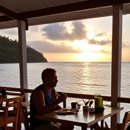 Caribbean Holidays, Solo Holidays June, A friendly Saint Lucia beachfront restaurant at sunset, with a solo diner enjoying local Caribbean food