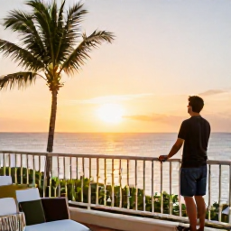 Caribbean Holidays, Solo Holidays June, Comfortable Dominican Republic resort with a solo traveller enjoying a sunset balcony view over palm trees and the Caribbean Sea