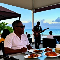 Caribbean Holidays, Solo Holidays June, Solo traveller enjoying live music and Dominican food at a welcoming outdoor restaurant in the evening