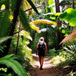 Caribbean Holidays, Solo Holidays, Lush Saint Lucian rainforest in August with a solo hiker on a well-marked trail, tropical plants and soft sunlight