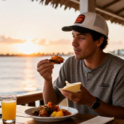 Caribbean Holidays, Solo Holidays March, A solo traveller enjoying fresh conch and Caribbean cuisine at an open-air waterfront restaurant in Providenciales at sunset