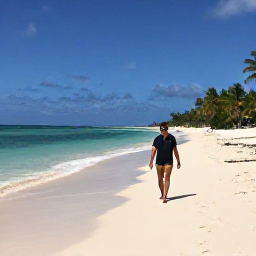 Caribbean Holidays, Solo Holidays March, A solo traveller walking along the wide white sands of Grace Bay Beach in bright March sunshine, calm turquoise water and gentle palms in the background