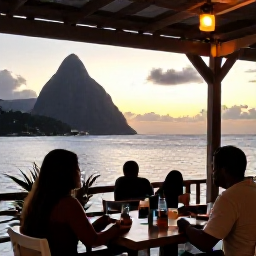 Caribbean Holidays, Solo Holidays March, Relaxed solo diner enjoying Caribbean food at an open-air restaurant overlooking the sea in Saint Lucia at sunset