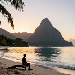 Caribbean Holidays, Solo Holidays March, Solo traveller enjoying a quiet sunrise on a sandy beach in Saint Lucia, with calm turquoise water and palm trees