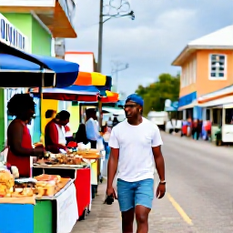 Caribbean Holidays, Solo Holidays May, Friendly solo traveller enjoying a colourful Caribbean street market with local food stalls and island buildings