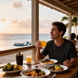 Caribbean Holidays, Solo Holidays May, Relaxed solo traveller dining at an open-air Caribbean restaurant at sunset, with local dishes and a welcoming atmosphere
