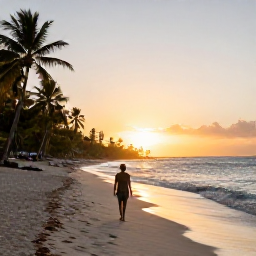 Caribbean Holidays, Solo Holidays May, Solo traveller walking along a quiet Caribbean beach at sunrise, gentle waves, palm trees and warm golden light