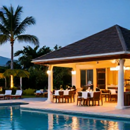 Caribbean Holidays, Solo Holidays November, Comfortable Caribbean hotel with solo guest by a pool, tropical gardens, welcoming dining area and warm evening light