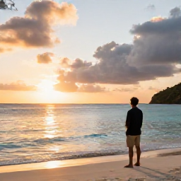 Caribbean Holidays, Solo Holidays, Peaceful Caribbean sunset over a Saint Martin beach with a relaxed solo traveller watching from the shore