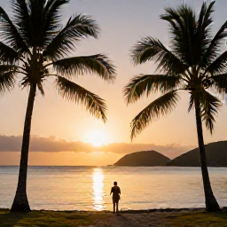 Caribbean Holidays, Solo Holidays, Peaceful Caribbean sunset over Saint Vincent and the Grenadines, calm sea, silhouetted palm trees and a solo traveller enjoying the view