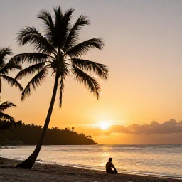 Caribbean Holidays, Solo Holidays, Peaceful Saint Lucia beach at sunset with a lone traveller sitting near the water, warm sky and silhouettes of palm trees