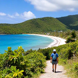 Caribbean Holidays, Solo Holidays, Peaceful tropical beach and lush hills in Saint John, U.S. Virgin Islands, with a solo hiker on a coastal trail
