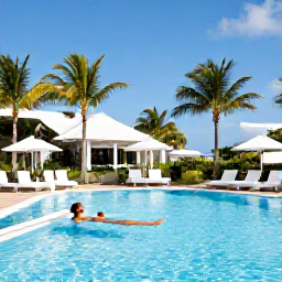 Caribbean Holidays, Solo Holidays, Peaceful tropical hotel pool on Saint Martin in August, with a solo traveller relaxing under palm trees