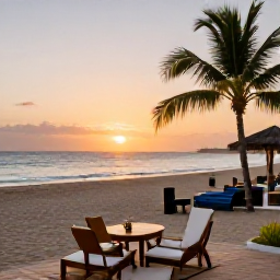 Caribbean Holidays, Solo Holidays, Quiet palm-fringed Cura&ccedil;ao beach at sunset with a comfortable hotel terrace in the foreground