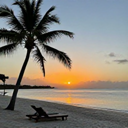 Caribbean Holidays, Solo Holidays, Quiet sandy beach on Nevis at sunset with a single sun lounger, calm sea and palm trees