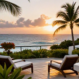 Caribbean Holidays, Solo Holidays September, Comfortable Caribbean hotel terrace for a solo traveller, ocean view, tropical garden, friendly atmosphere and sunset light