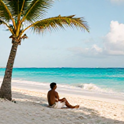 Caribbean Holidays, Solo Holidays September, Solo traveller relaxing on a quiet Caribbean beach in September, turquoise sea, palm trees and soft morning light