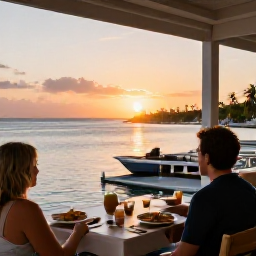 Caribbean Holidays, Solo Holidays, Solo traveller dining at a relaxed waterfront restaurant in Grand Case at sunset, Caribbean dishes and harbour views
