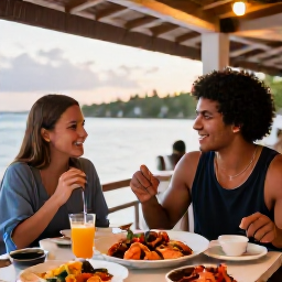 Caribbean Holidays, Solo Holidays, Solo traveller dining at a relaxed waterfront restaurant in the Grenadines, fresh Caribbean seafood, warm evening light and friendly island atmosphere