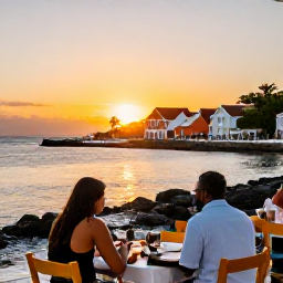 Caribbean Holidays, Solo Holidays, Solo traveller dining at an outdoor seaside restaurant in Christiansted, Saint Croix, with Caribbean sunset and colourful buildings