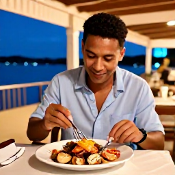 Caribbean Holidays, Solo Holidays, Solo traveller eating fresh seafood at a welcoming Caribbean restaurant in Grand Case during a warm August evening